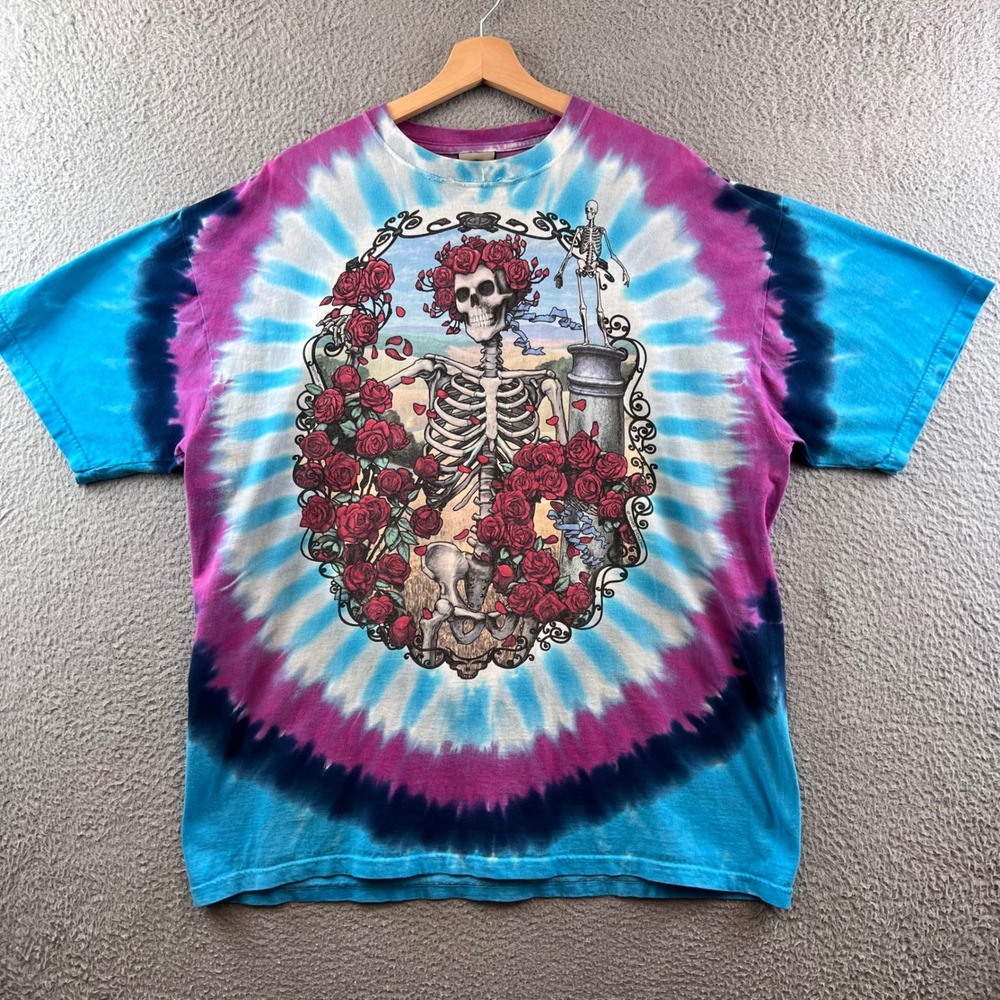 Vintage 1995 Grateful Dead‎ Liquid Blue Tie Dye Skeleton Roses T Shirt XL